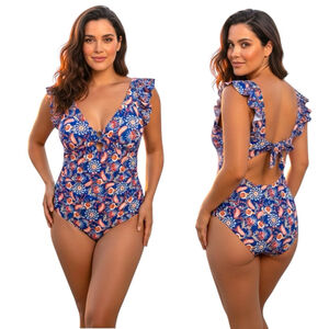 Eomenie Blue Floral Ruffle One Piece Swimsuit 2XL Cutout Back NWT